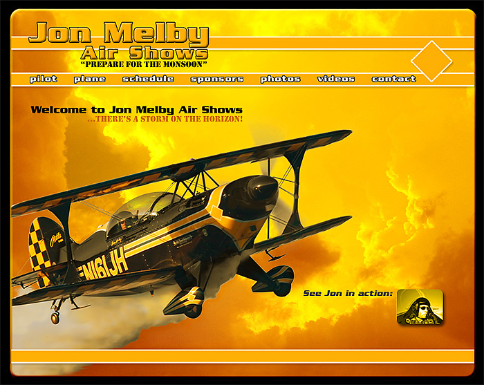 The Jon Melby Airshows website: full-bleed photograph of the biplane against a gold storm sky, a horizontal navigation bar edged with the aircraft's checker, and a welcome line reading 'There's a storm on the horizon'.