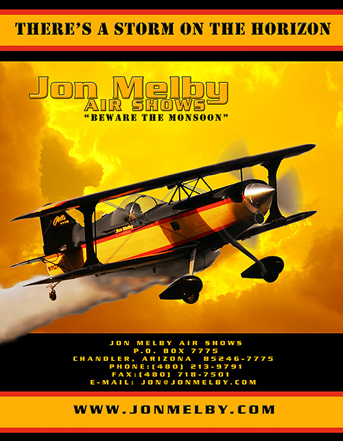 A full-page magazine advertisement: a biplane trailing smoke against a yellow storm sky, headed 'There's a storm on the horizon', with 'Beware the Monsoon' beneath the wordmark and a contact block at the foot.