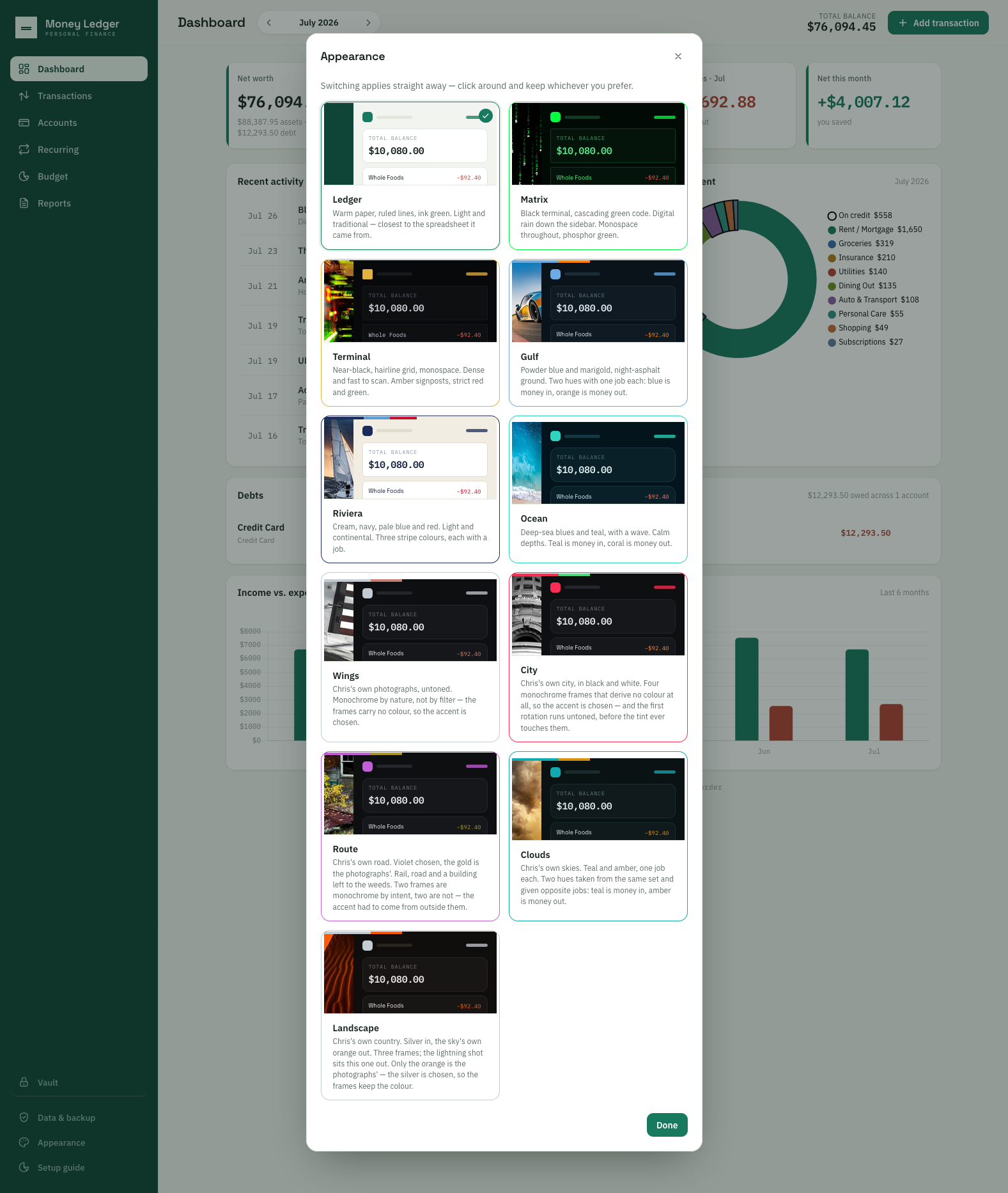 The MoneyLedger theme picker: eleven selectable themes shown as a grid of preview cards, each restyling the whole application while the layout and controls stay identical.