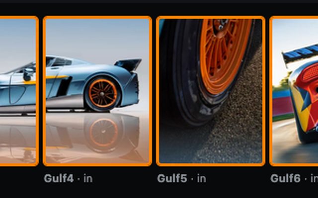 Four generated Gulf-livery frames in a row, each a tall crop of a pale blue and orange race car, outlined in amber to show they are in rotation.