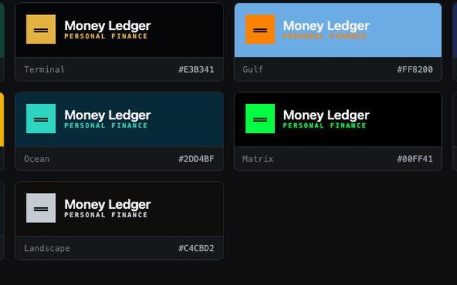 Six Money Ledger wordmark tiles in the app's theme colors — amber, blue, teal, green and gray — each labeled with its theme name and hex value.