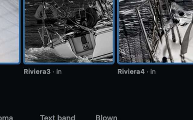 Two generated Riviera frames side by side in black and white, a sailing boat and a rigging detail, each labeled and marked as in rotation.